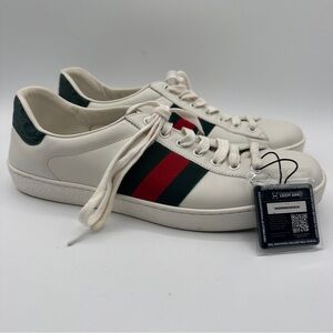 Gucci Ace White Leather Sneakers with Red and Green Stripes w/COA